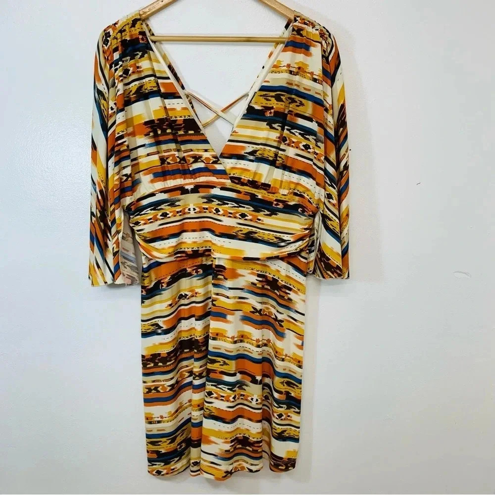 Dots Mini Dress XL Southwest Print Surplice Stretch Flare Sleeve Boho 90s Y2K